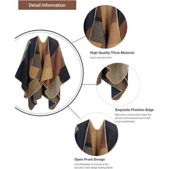 Women's Printed Shawl Wrap Fashionable Open Front Poncho Cape, - Picture 3 of 7
